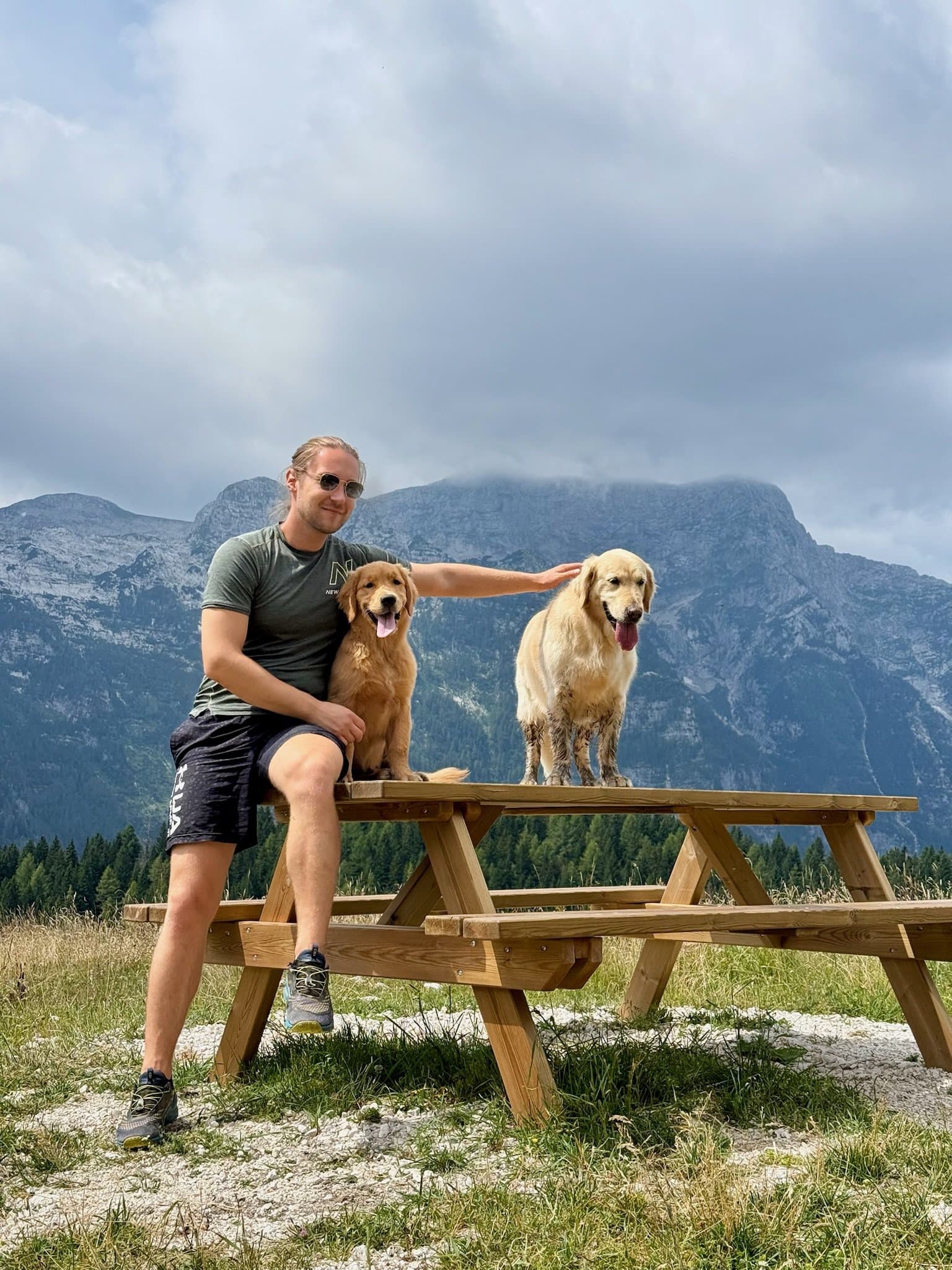 Together in front of the mountain view.
