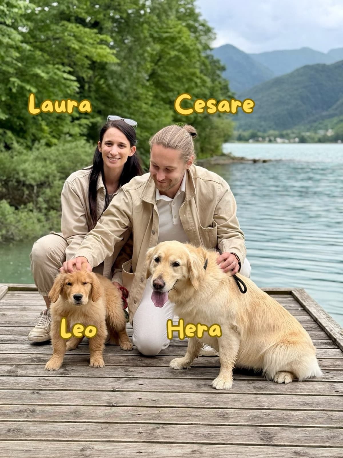 Laura, Cesare, Leo and Hera on a pier at the lake